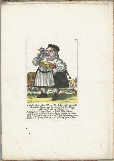 德沃格-乌苏拉-施莱格林，约 1710 年
Ursula Schleglin, Maijr Mensch im Herren hoff zu Bluntzingen welche nunmehro ihre Waijsen Jahr ausgedient（作品名称）
Il Callotto resurcitato oder Neu eingerichtes Zwerchen Cabinet（系列名称） 作者 马丁·恩格尔布雷希特（归因于）