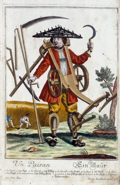 一个农民。马丁-恩格尔布雷希特（1684-1756）的版画，载于18世纪德国的 "马努瓦里-哈比尔斯的新集会"。巴黎，装饰艺术 作者 马丁·恩格布雷希特