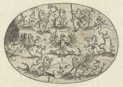 带有雄鹰的椭圆形图案，周围环绕着狮子和奇幻生物
Nev Thier Bvechlein（系列名称） 作者 无名氏