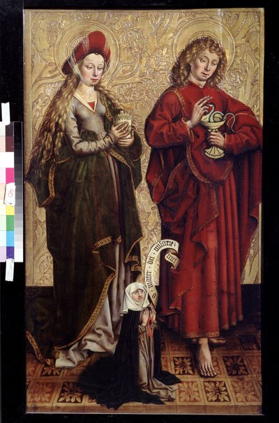 使徒约翰、抹大拉的马利亚和捐赠者。马丁-肖高尔（Martin Schongauer，约 1445 年或 1450-1491 年）的画作。木板油画 作者 马丁·尚高
