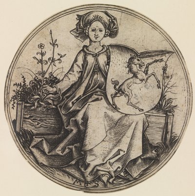 Seated Lady Holding a Shield with an Unicorn, 约1435-1491., 约1435-1491. 作者 马丁·尚高