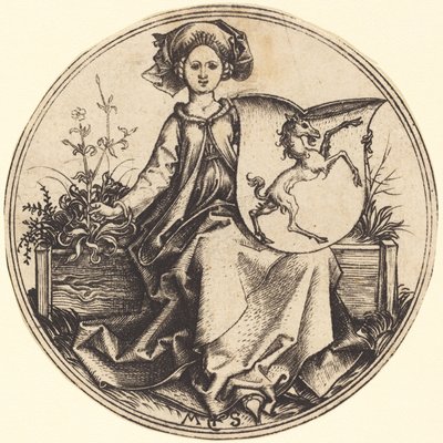 独角兽的盾牌，由女性持有 作者 马丁·尚高