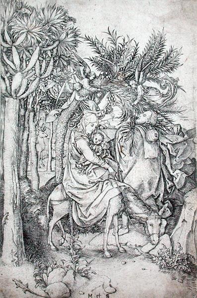 逃往埃及》，约1470-80（雕刻）。 作者 马丁·尚高