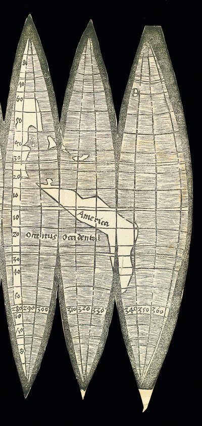 一组地球仪地球仪形式的世界地图，1507年 作者 马丁·沃尔德西缪勒