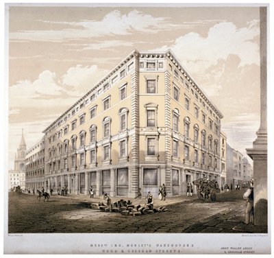 Messrs J&R Morley的仓库，位于伦敦Wood街和Gresham街的拐角处，约1840年。     作者 马丁和胡德