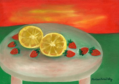 在早晨的阳光下的小花园桌上的水果 作者 玛蒂娜·柯尼兹基（Martina Konitzky）