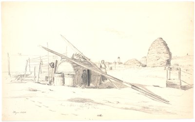 斯卡根 Østerby 的渔民小屋，背景是白色灯塔 作者 马蒂努斯·罗比（MartinusRørbye）