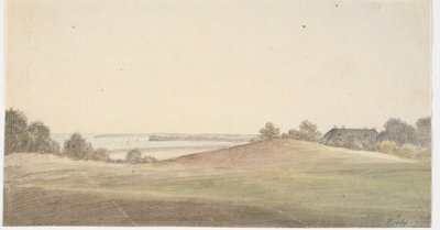 背景为水景，右侧为房屋。 作者 马蒂努斯·罗比（MartinusRørbye）