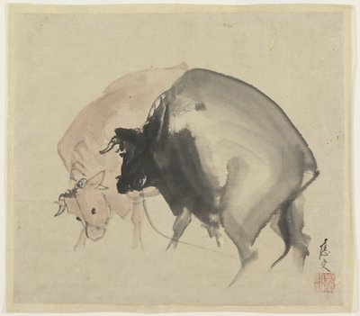 两头公牛，第1810页（墨水和纸上的颜色） 作者 大丸圆山