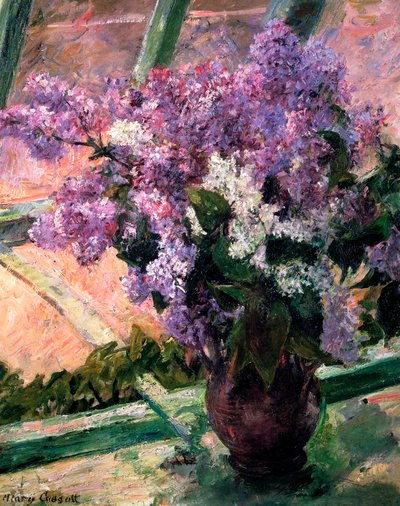 窗口中的丁香花，c1880。 作者 Mary Cassatt