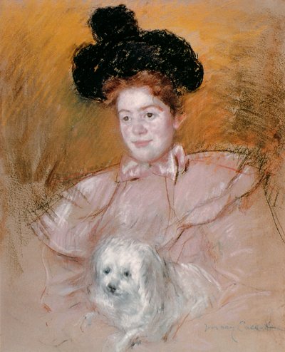拿着狗的妇女（在纸的淡色） 作者 Mary Cassatt