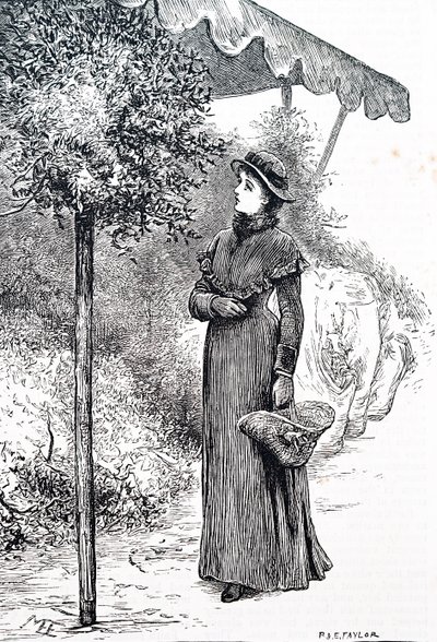 一位妇女购买冬青用于圣诞装饰品。作者：玛丽-艾伦-爱德华兹（1838-1934），英国艺术家 作者 玛丽·艾伦·爱德华兹