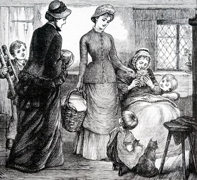 A woman giving gifts to a poor cottager. By Mary Ellen Edwards (1838-1934) an English artist 作者 玛丽·艾伦·爱德华兹