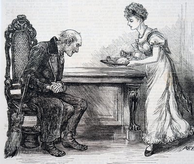 A woman giving the crossing sweeper a warm dinner. By Mary Ellen Edwards (1838-1934) an English artist 作者 玛丽·艾伦·爱德华兹