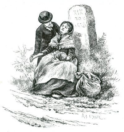 An destitute, unmarried mother found exhausted on her way to the Workhouse with her baby. Scene reminiscent of a Thomas Hardy novel but one not uncommon in rural areas throughout the country. Illustration by Mary Ellen Edwards c1881. 作者 玛丽·艾伦·爱德华兹