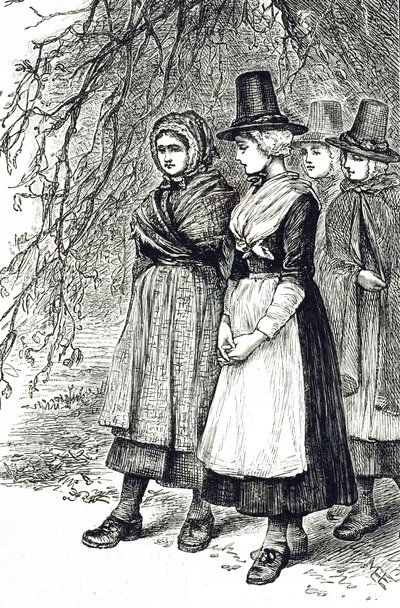 An engraving depicting Welsh girls at a Hollantide Fair, a hiring fair, waiting to be engaged as domestic servants. Illustrated by Mary Ellen Edwards (1838-1934) an English artist and illustrator of children