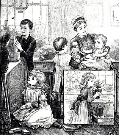 An engraving depicting a regular scene of a wealthy Victorian family. In the main image, the children are being watched over by their nursemaid as they play with building bricks. The insert image shows a small girl places a potted plant on a window sill. I 作者 玛丽·艾伦·爱德华兹