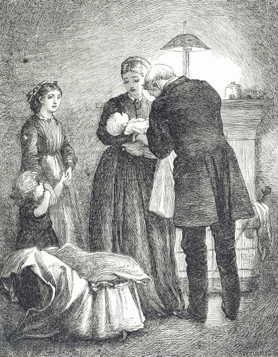 Engraving depicting a doctor examining a baby with measles 作者 玛丽·艾伦·爱德华兹