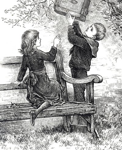 Engraving depicting children with their pet sparrow in it