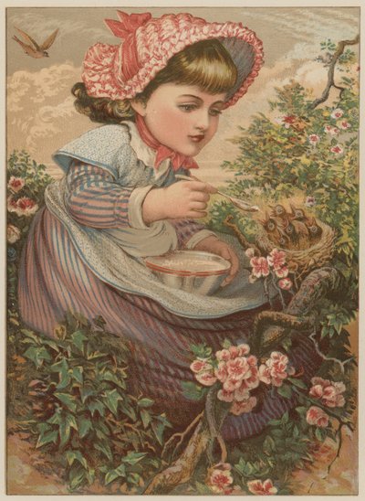 喂养幼鸟（chromolitho）的女孩 作者 玛丽·艾伦·爱德华兹