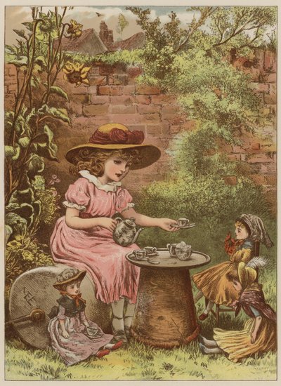 女孩为她的娃娃（chromolitho）提供茶 作者 玛丽·艾伦·爱德华兹