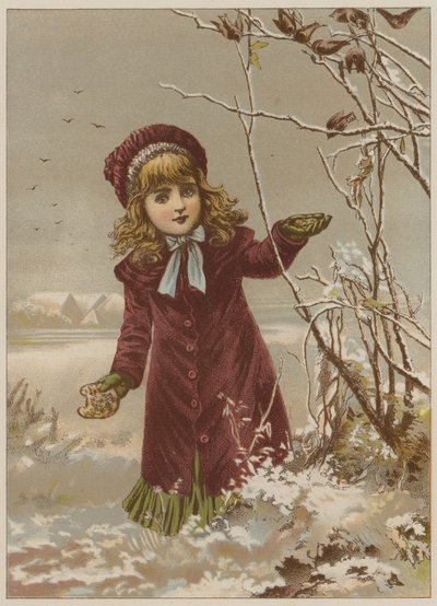 采取面包的女孩在雪（chromolitho）喂鸟 作者 玛丽·艾伦·爱德华兹