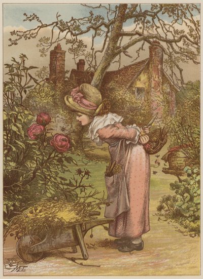 女孩在花园里看着蜜蜂（chromolitho） 作者 玛丽·艾伦·爱德华兹