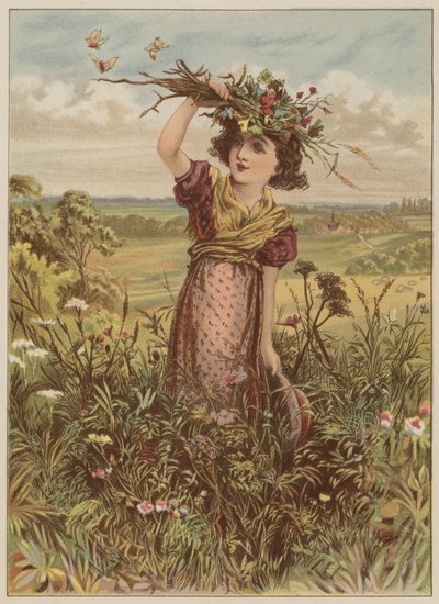 花和蝴蝶（chromolitho）的女孩 作者 玛丽·艾伦·爱德华兹