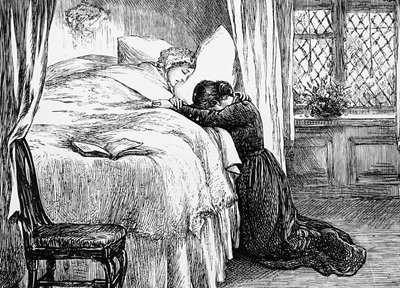 Illustration depicting a daughter weeping at her mother