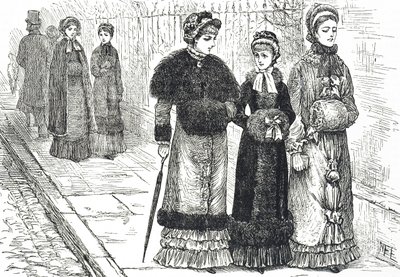 Illustration depicting young women with muffs, to keep their hands warm during the colder weather 作者 玛丽·艾伦·爱德华兹