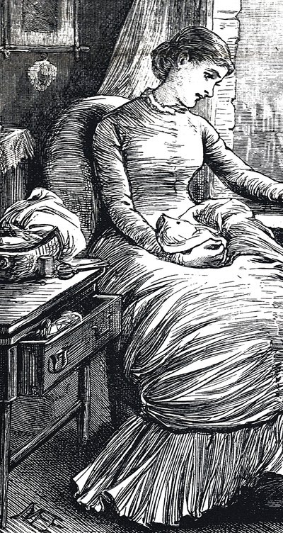 Woman pausing from her mending 作者 玛丽·艾伦·爱德华兹