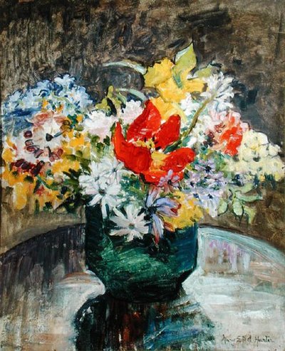 绿色花瓶里的花（布面油画） 作者 玛丽·埃塞尔·亨特