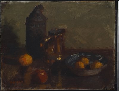 静物与水果，c.1900（油画布安装在硬质纤维板上） 作者 玛丽·海斯特·里德（Mary Hiester Reid）