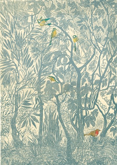 从厨房窗户看鸟：知更鸟，2012 年（乙烯基雕刻，浮雕打印） 作者 玛丽·库珀