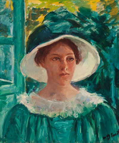穿着绿色衣服的年轻女子，在阳光下的户外（年轻女子的头像），c。 1914 年（布面油画） 作者 Mary Stevenson Cassatt