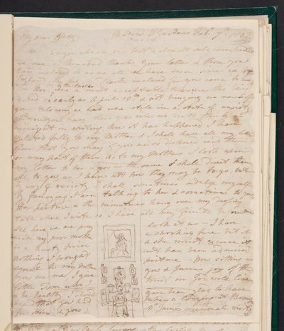 伊丽莎白-格维林在写字台前，1802 年 2 月 7 日写给海丝特-詹姆斯的信中的素描（纸上墨迹） 作者 