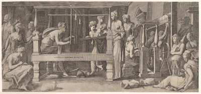 妇女纺纱、织布和缝纫，16世纪中期。 作者 FG大师