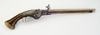 一对锁式皮套手枪之一，约1650年（钢，蛇皮，骨头或牛角，镀金黄铜和铁） 作者 硬件大师