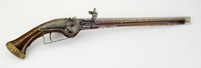一对锁式皮套手枪之一，约1650年（钢，蛇皮，骨头或牛角，镀金黄铜和铁） 作者 硬件大师