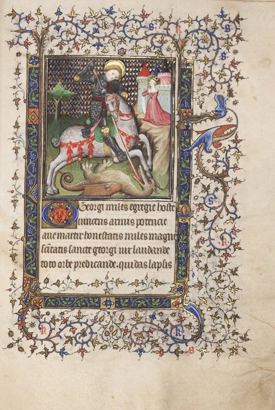 MS Widener 4 f.188r，《圣乔治与龙的战斗》，摘自《时光之书》，使用雷恩，约1405年（牛皮纸上的钢笔和墨水和蛋彩画） 作者 鲁康大师