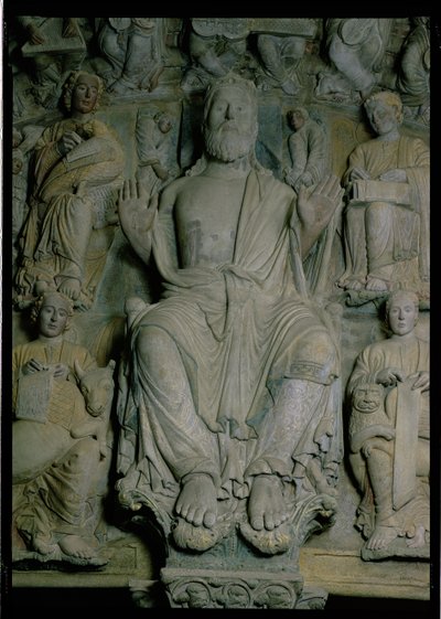 Portico de la Gloria的细节描述基督在陛下石头 作者 马特奥大师