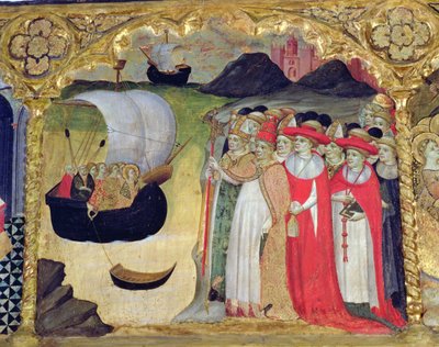 教皇西里亚科和他的宫廷接待了来自“Predela de Santa Ursula”的圣人和她的女仆（面板上的蛋彩画） 作者 卡斯特利特大师