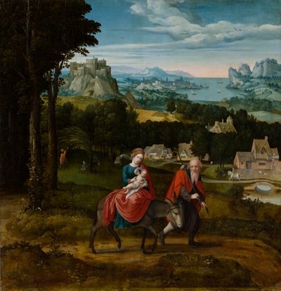 逃往埃及》，约1530-1535年（油画板）。 作者 女半身大师