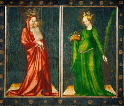 祭坛的两块外板，左边是圣母，右边是圣多萝西娅（橡木上的绘画） 作者 海利根克鲁斯大师