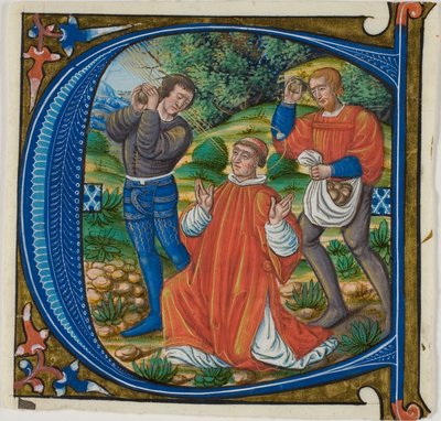 渐变体中历史首字母 "A "或 "C "中的圣史蒂芬被投石处死 作者 Master of Jacques de Besançon