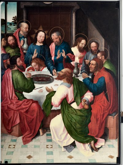 La cene（最后的晚餐）由 San Giovanni evangelista 大师绘画（15 世纪末）尺寸 120x90 厘米 Genes，Musei di Strada Nuova（前 Palazzo Bianco）inv n PB 156 作者 圣约翰福音传教士大师