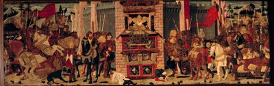 楼上，迪东接见前往特洛伊的伊尼使者。De Tournon De Sainte Croix 大师的木刻画 作者 Master of Tournon de Sainte Croix