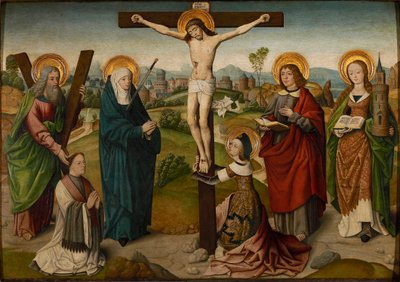 带着圣徒和捐赠者的耶稣受难图，约1490-1495。 作者 Master of the Aachen Cabinet Doors