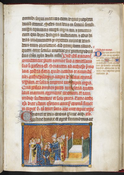 Cotton Tiberius B.VIII f.59 兰斯大主教将王冠戴在国王头上，选自《法国国王查理五世加冕簿 作者 查理五世加冕簿的主人