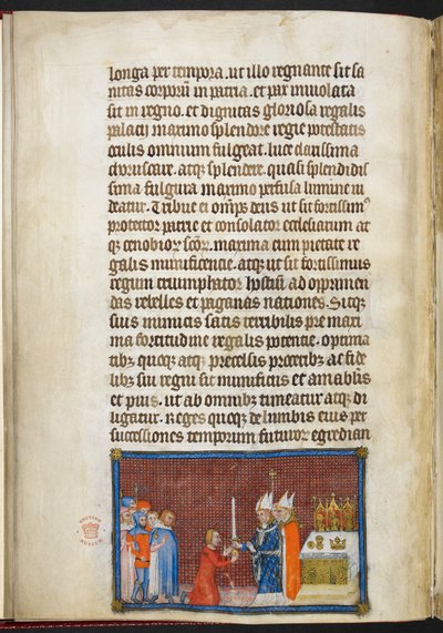 Cotton Tiberius B. VIII f.49v 兰斯大主教将剑归还国王，"法国国王查理五世加冕簿 "中的插图 作者 查理五世加冕簿的主人